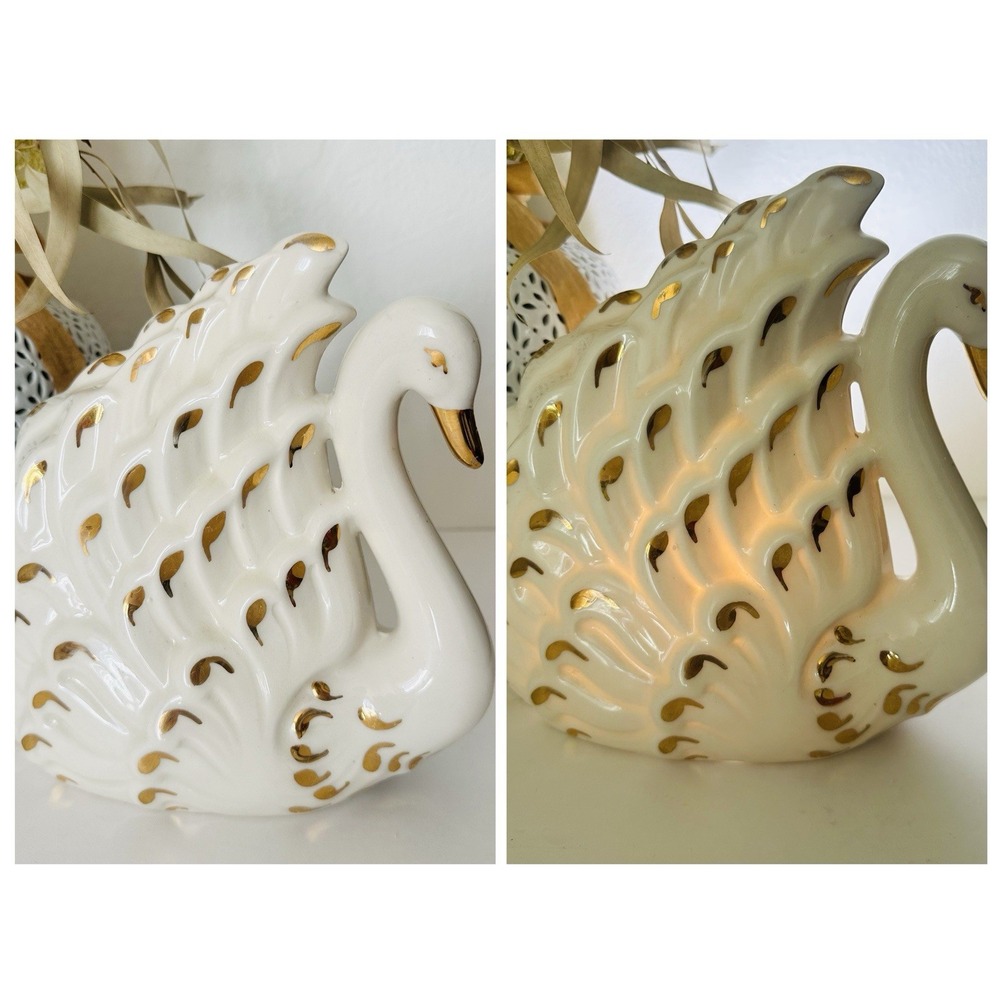 Vintage 1950s White Porcelain Swan Table Lamp Gold Gilt Mid Century UL